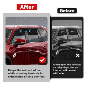 Canvcle driver side visor installed demonstrating rain protection and ventilation benefit