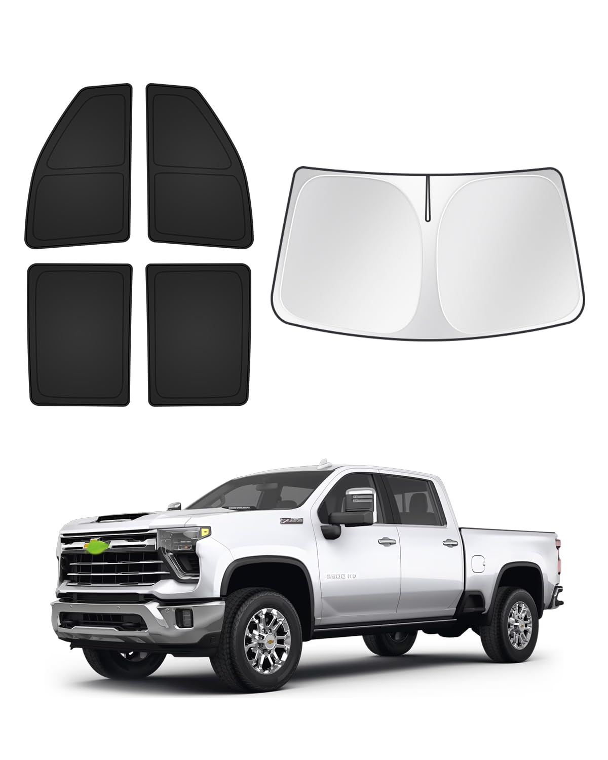 Canvcle front packaging showing complete 5-piece sunshade set protecting Silverado