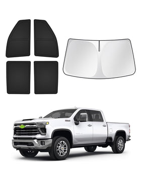 Canvcle front packaging showing complete 5-piece sunshade set protecting Silverado