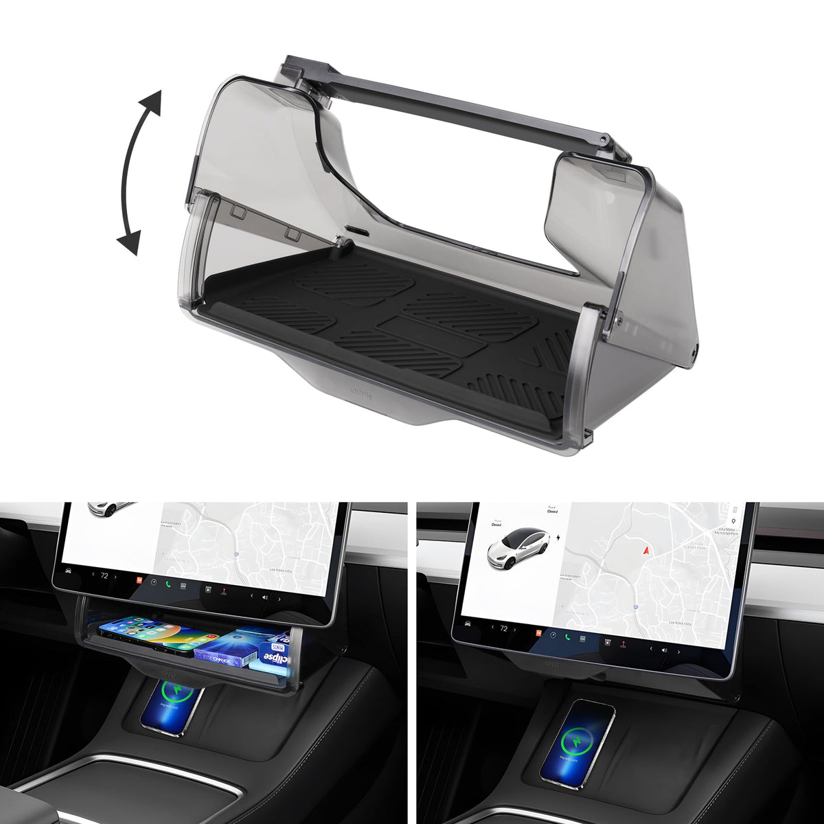 Canvcle front view of under-screen tray showing clean fit and organized space