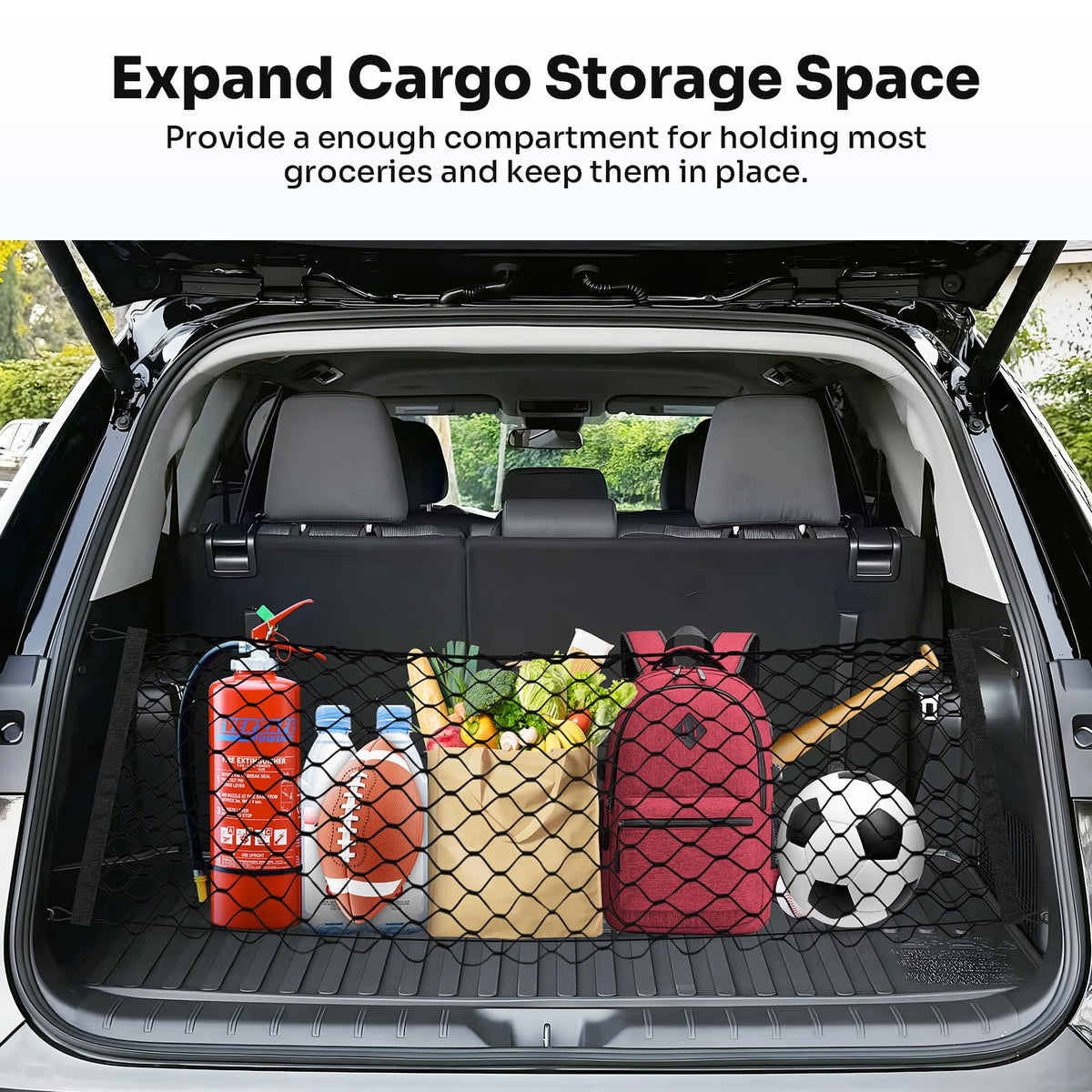 Canvcle holding grocery bags in trunk to keep groceries upright and reduce spills