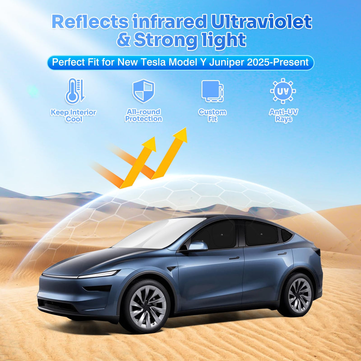 Canvcle windshield shade installed on Model Y Juniper keeping cabin cool