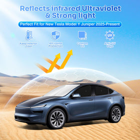 Canvcle windshield shade installed on Model Y Juniper keeping cabin cool