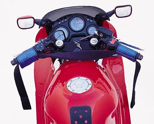 Canyon Dancer harness mounted on motorcycle handlebars demonstrating quick installation and bodywork protection