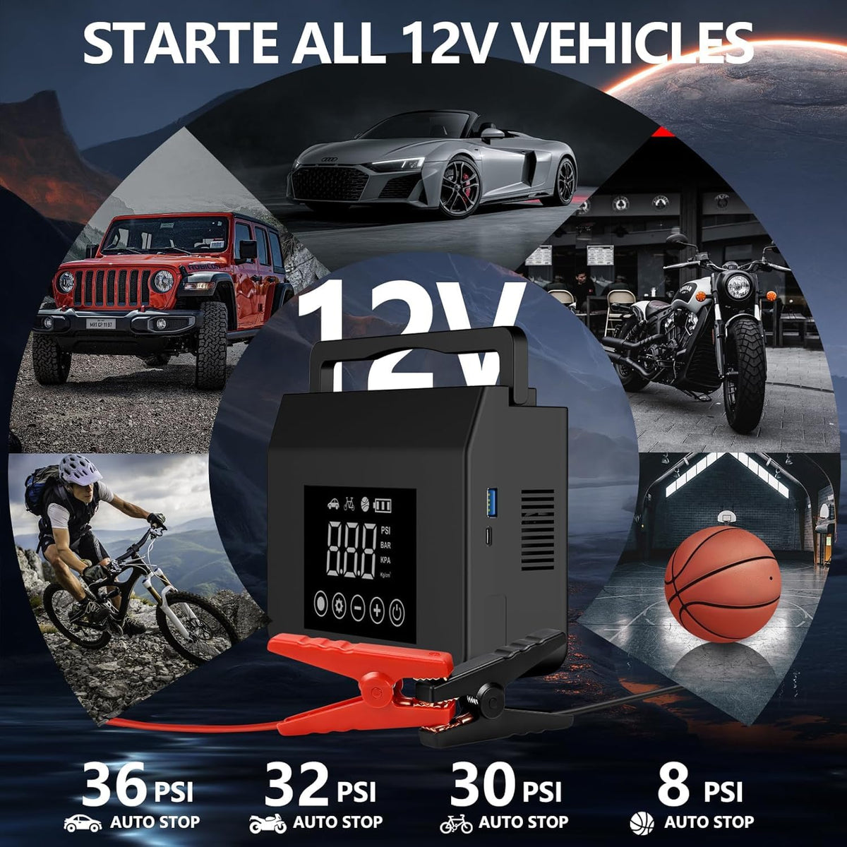 Capapro inflator hose and three nozzles ready to inflate car tire and sports gear