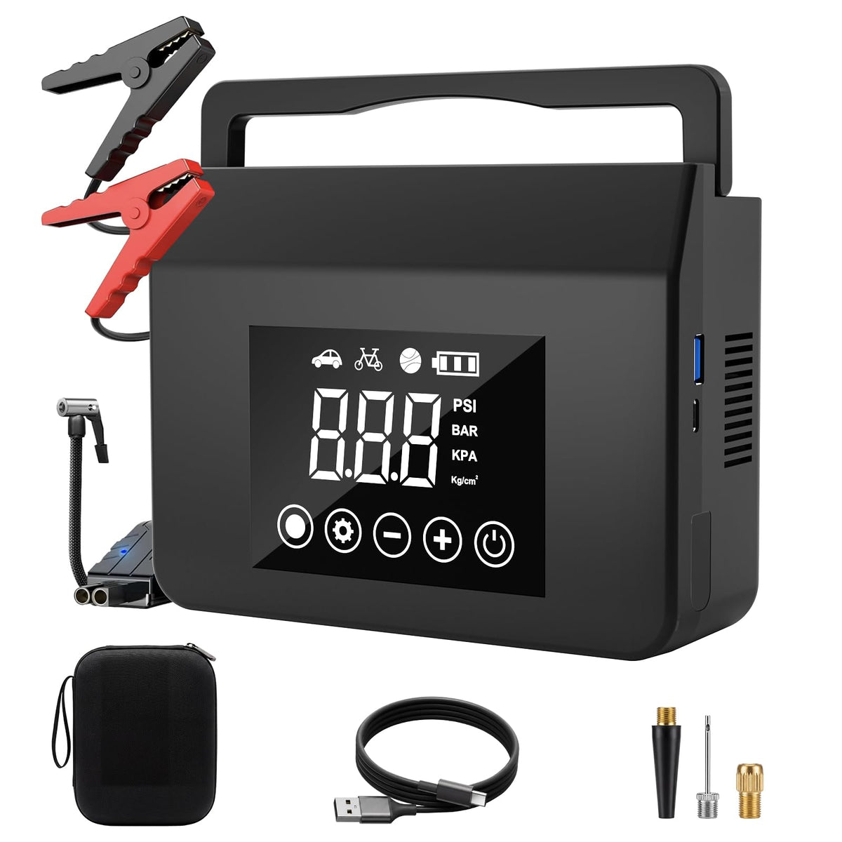 Capapro front view showing compact jump starter and ports for quick access and storage