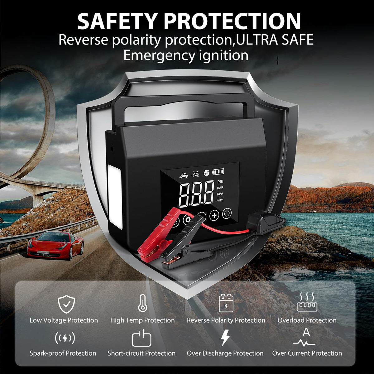 Capapro smart jumper cable clamps connected to a battery showing safe spark-free design