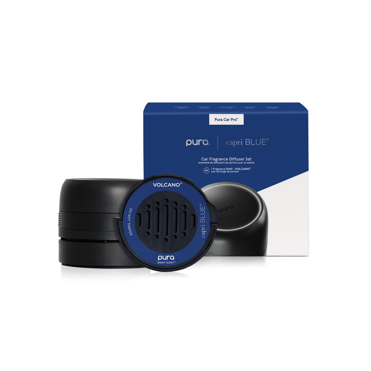 Capri Blue Pura Car Pro front view showing sleek diffuser, clear fragrance benefit