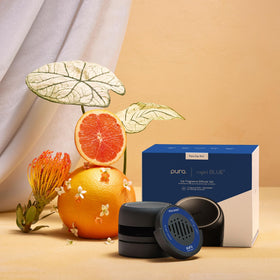 Capri Blue Pura Car Pro beside USB‑C cord, highlighting easy charging benefit