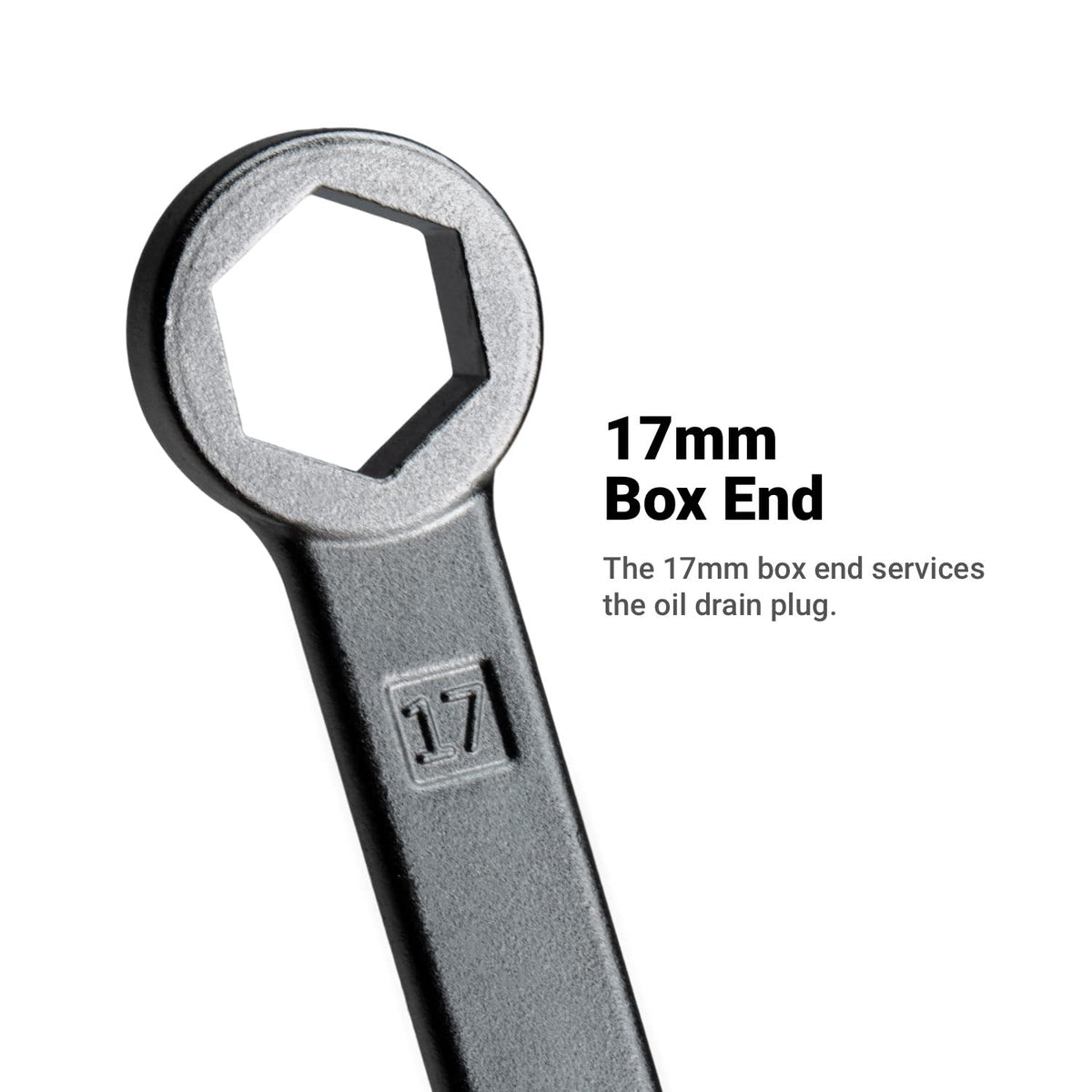 Capri Tools close-up of 17 mm box end gripping oil plug preventing rounding