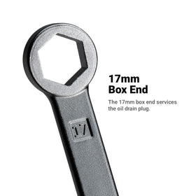 Capri Tools close-up of 17 mm box end gripping oil plug preventing rounding