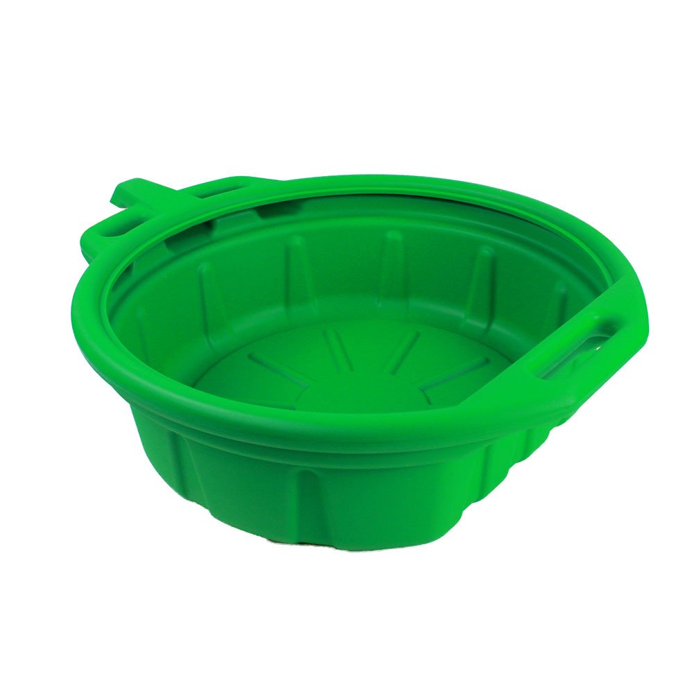 Capri Tools front view of green drain pan showing large opening and sturdy rim benefit: easier fluid collection