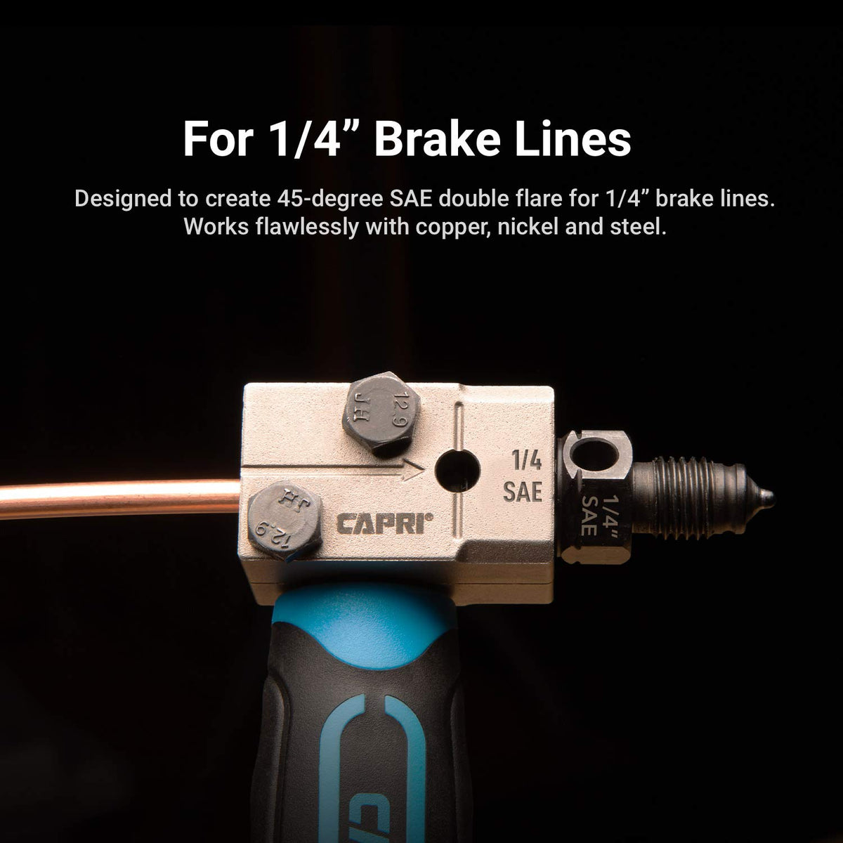 Capri Tools clamp detail showing textured jaws for secure tubing grip and stable operation