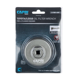 Capri Tools oil filter wrench in use under hood on Toyota 1.8L showing easy access advantage