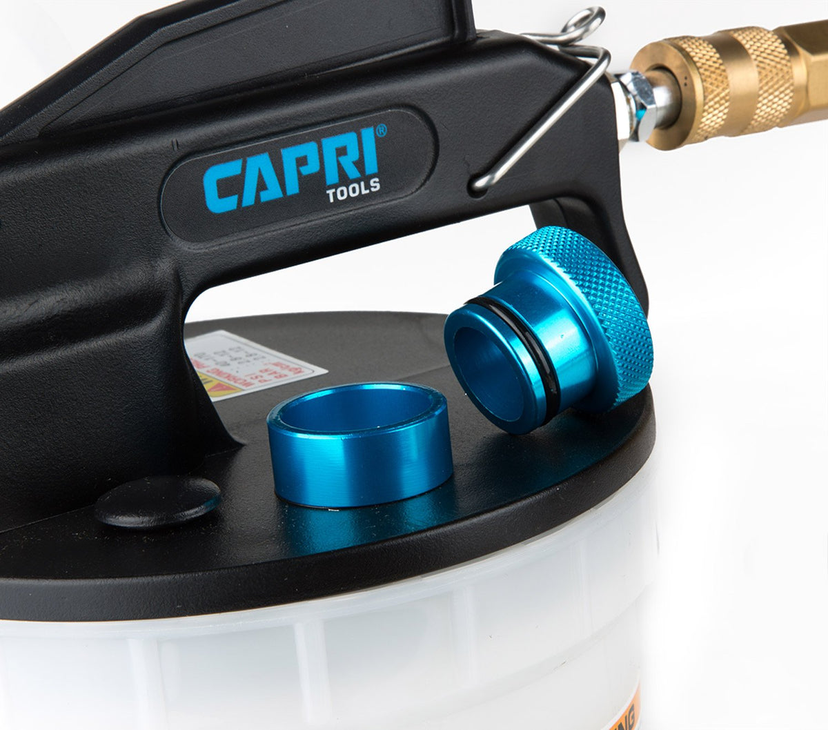 Capri Tools packaging and contents layout showing included hose and adapter