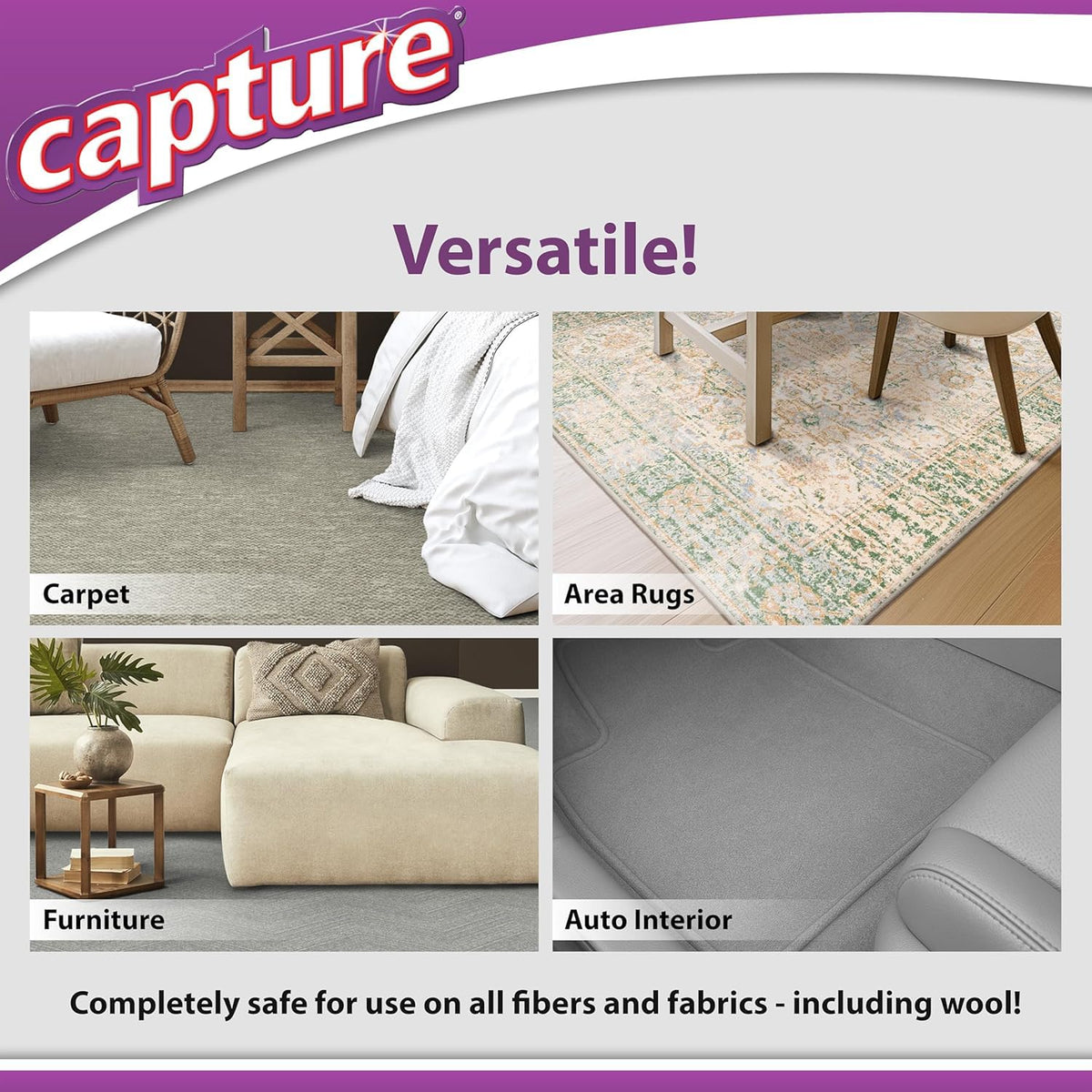 Capture car upholstery treated with powder, showing odor neutralizing benefit