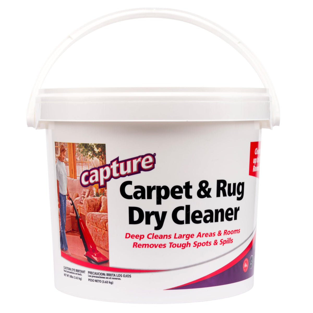 Capture pail front view showing product and clear labeling benefit: easy identification