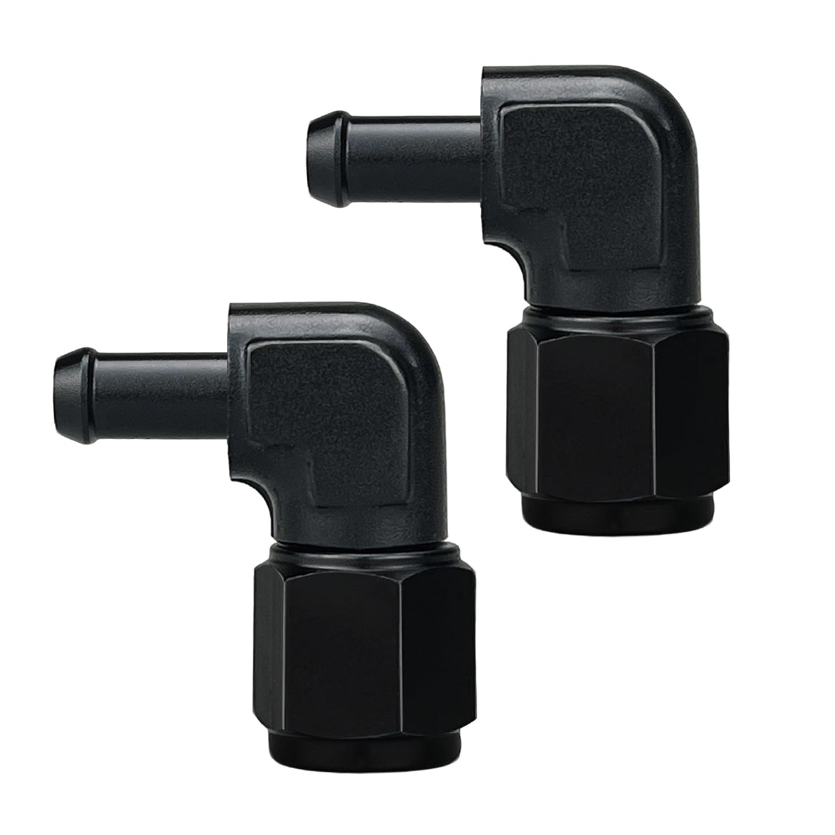caqeg AN10 to 3/8" barb front view showing compact right-angle connector and durability
