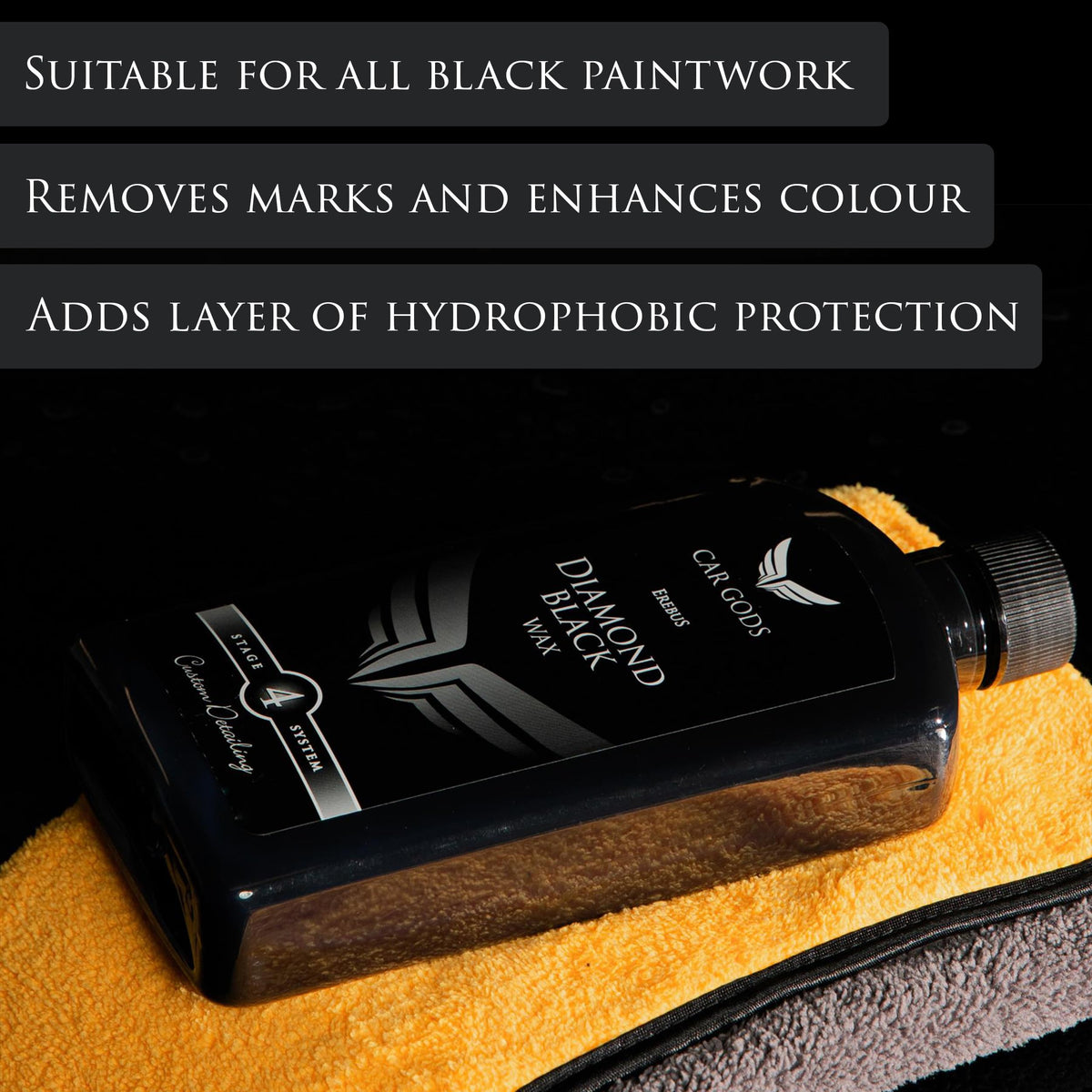 Car Gods close-up of polish texture showing pigmented black formula and smooth spreadability benefit