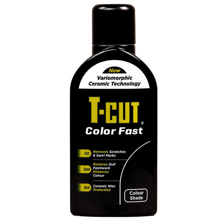 Car Gods T-Cut Color Fast black bottle front showing label and 17 oz benefit