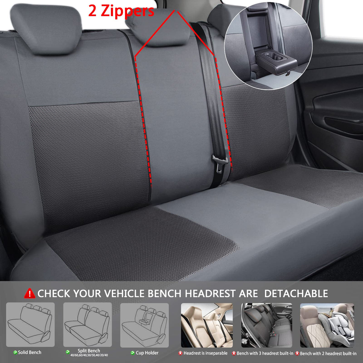 CAR PASS rear seat covers with split-fold openings for trunk access and passenger use