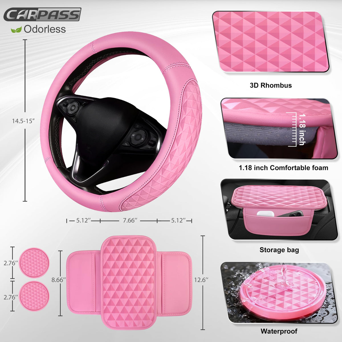 CAR PASS center armrest top view highlighting memory-foam comfort benefit