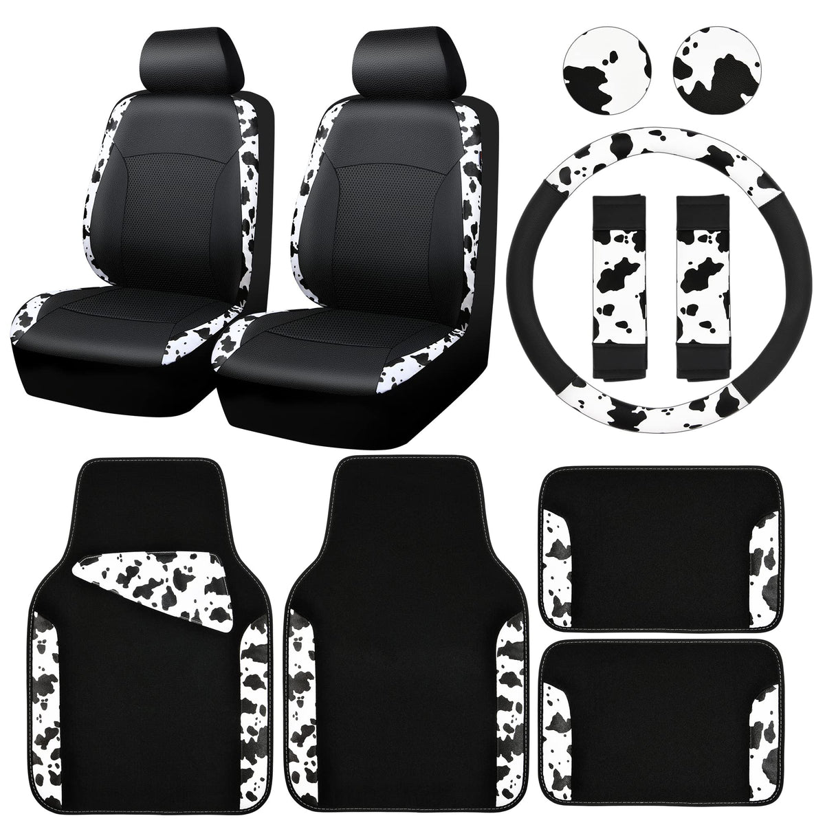 CAR PASS front seat covers showing cow print and protection