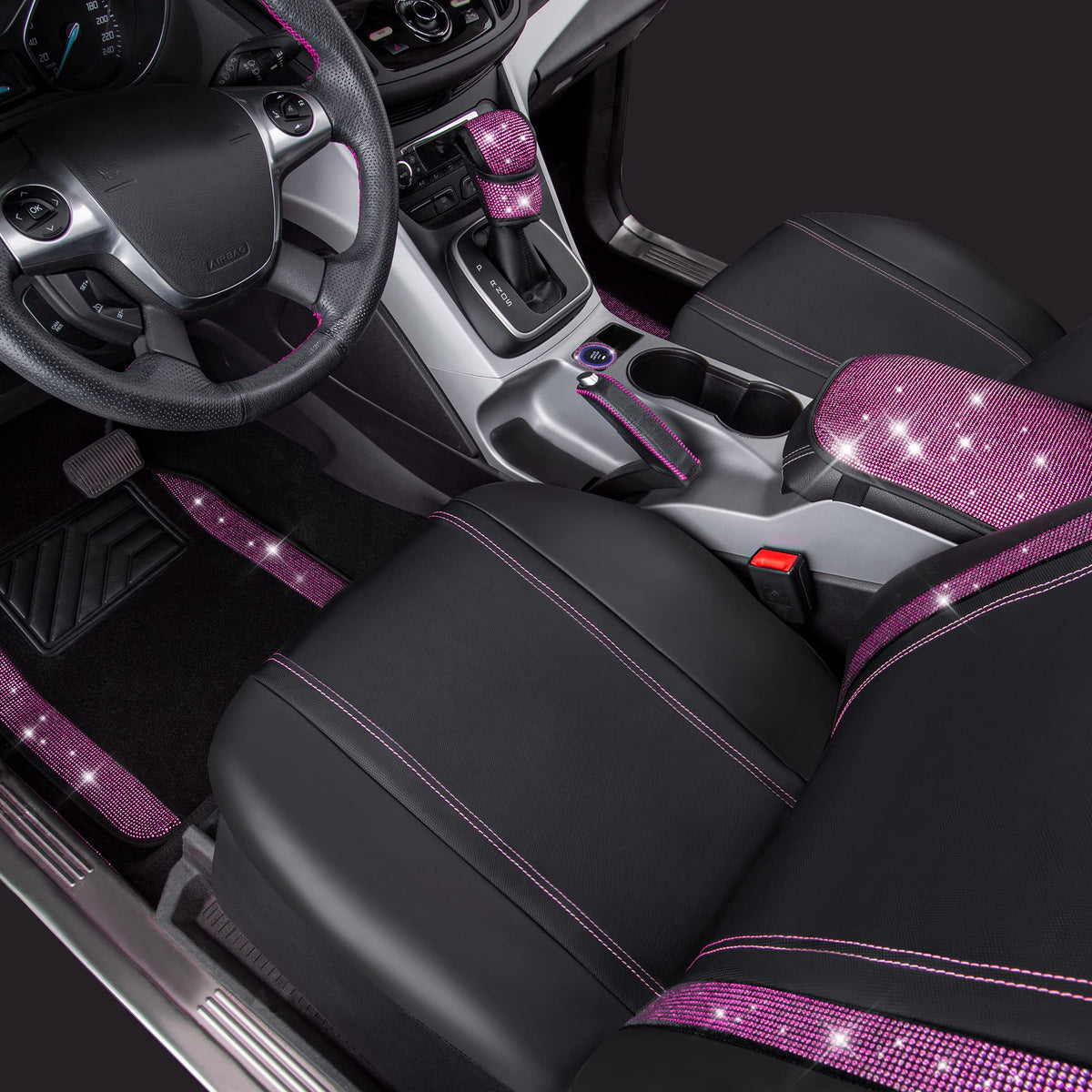 CAR PASS pink floor mats arranged showing full-cabin matching look and easy protection