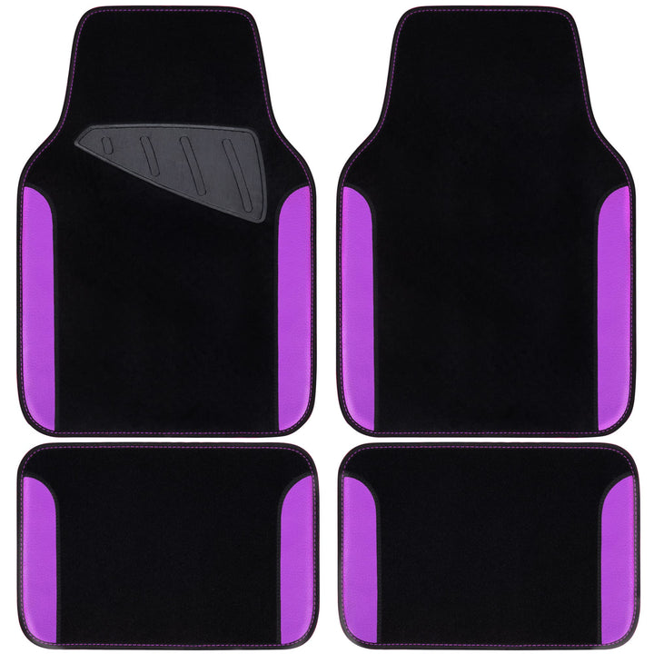 CAR PASS front mat overhead view showing full coverage and stylish purple trim benefit