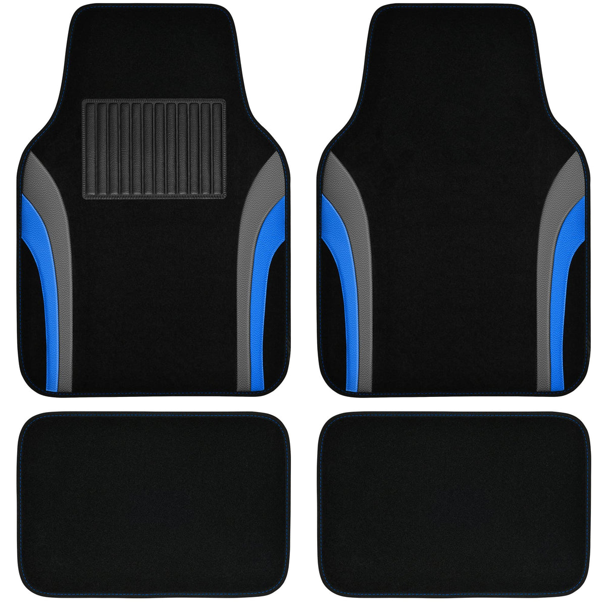 CAR PASS front mats laid flat showing sporty black and blue finish and protection