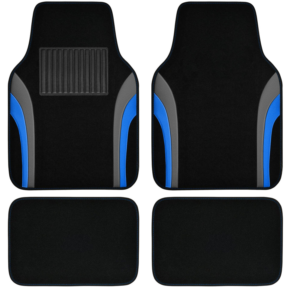 CAR PASS front mats laid flat showing sporty black and blue finish and protection