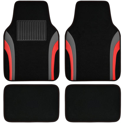 CAR PASS front mats displayed on floor showing sporty black and red style and protection