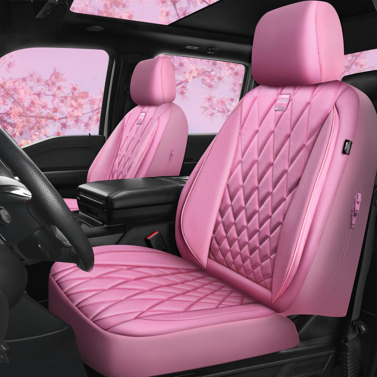 CAR PASS front seat cover front view showing pink luxury finish and protection