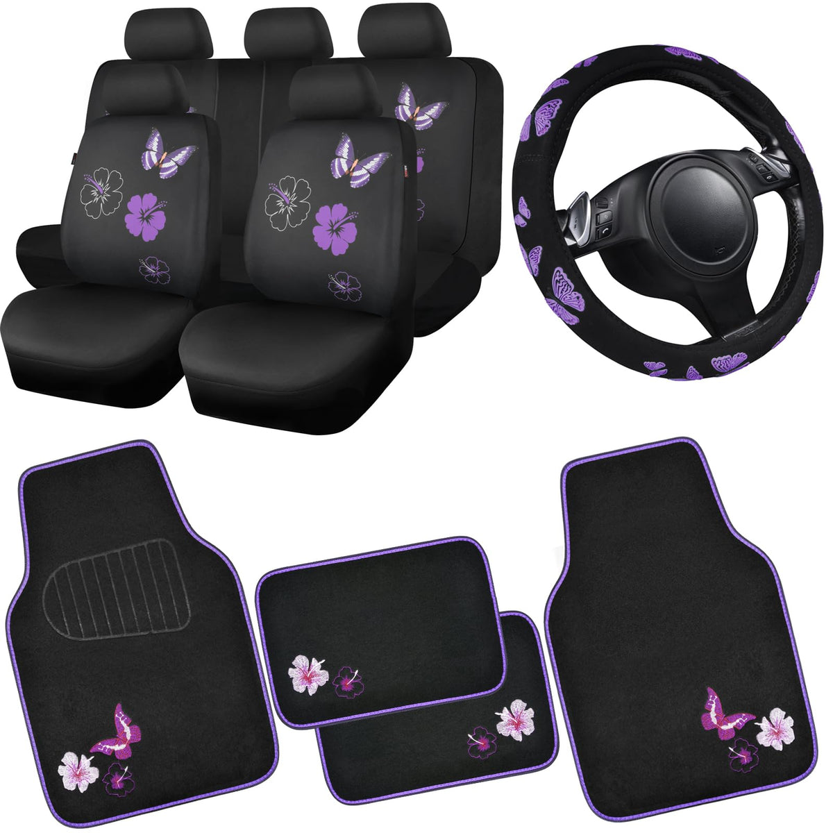 CAR PASS front seat cover front view showing fit and butterfly design for visual upgrade