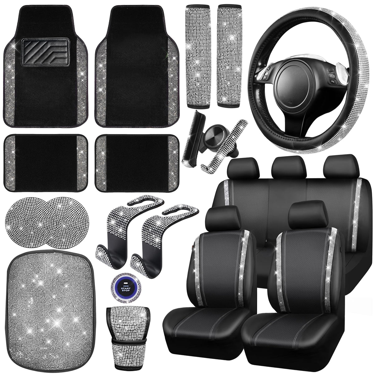 CAR PASS front seat covers and floor mats showing cohesive sparkle and protection