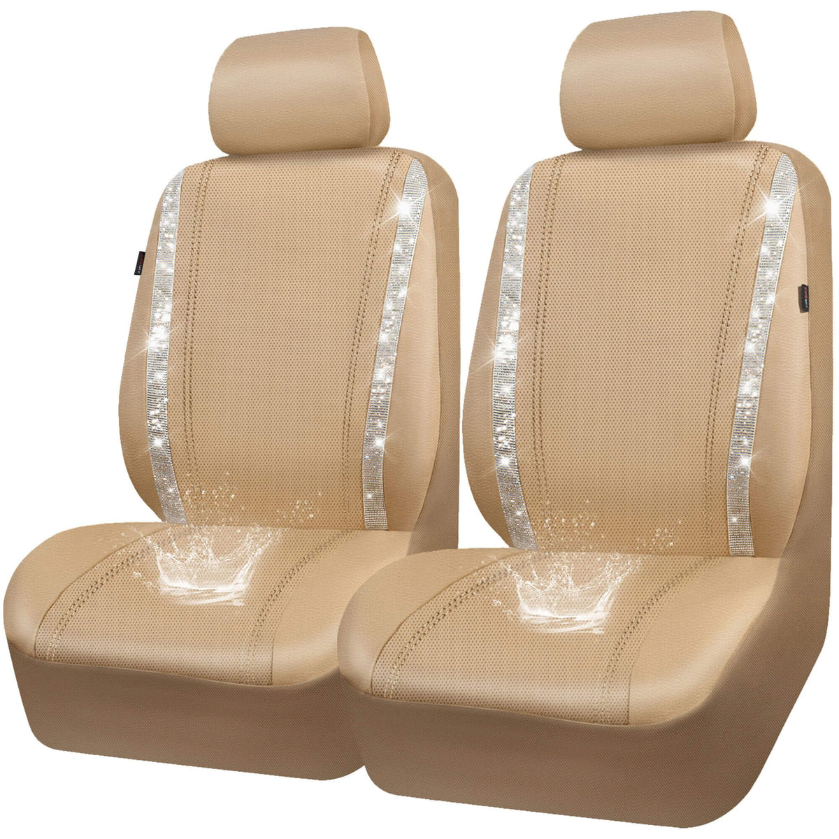 CAR PASS front seat covers packaging showing beige set and benefits