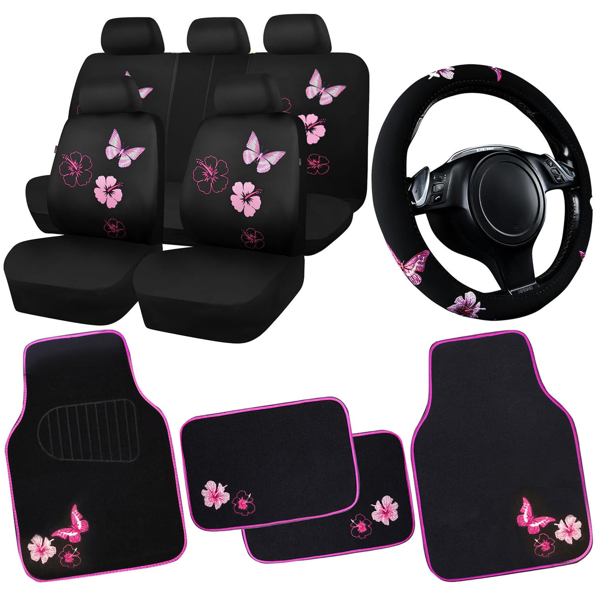 CAR PASS front seat covers installed showing butterfly embroidery and durable coverage
