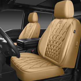 CAR PASS front view showing full beige seat covers and modern upgrade benefit