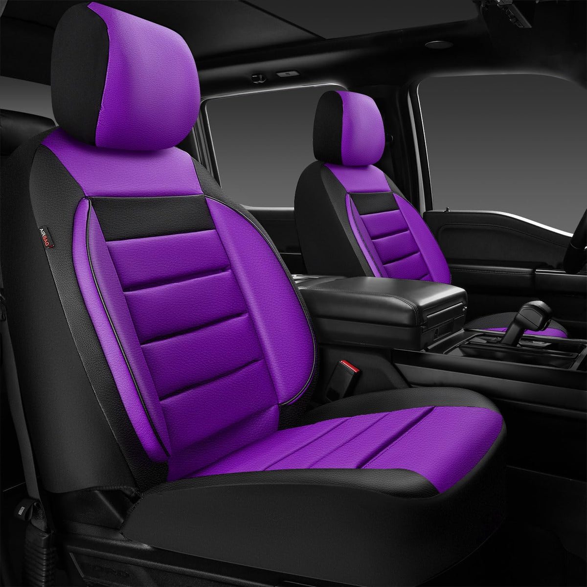 CAR PASS full front view installed on seats showing sporty black purple finish and protection