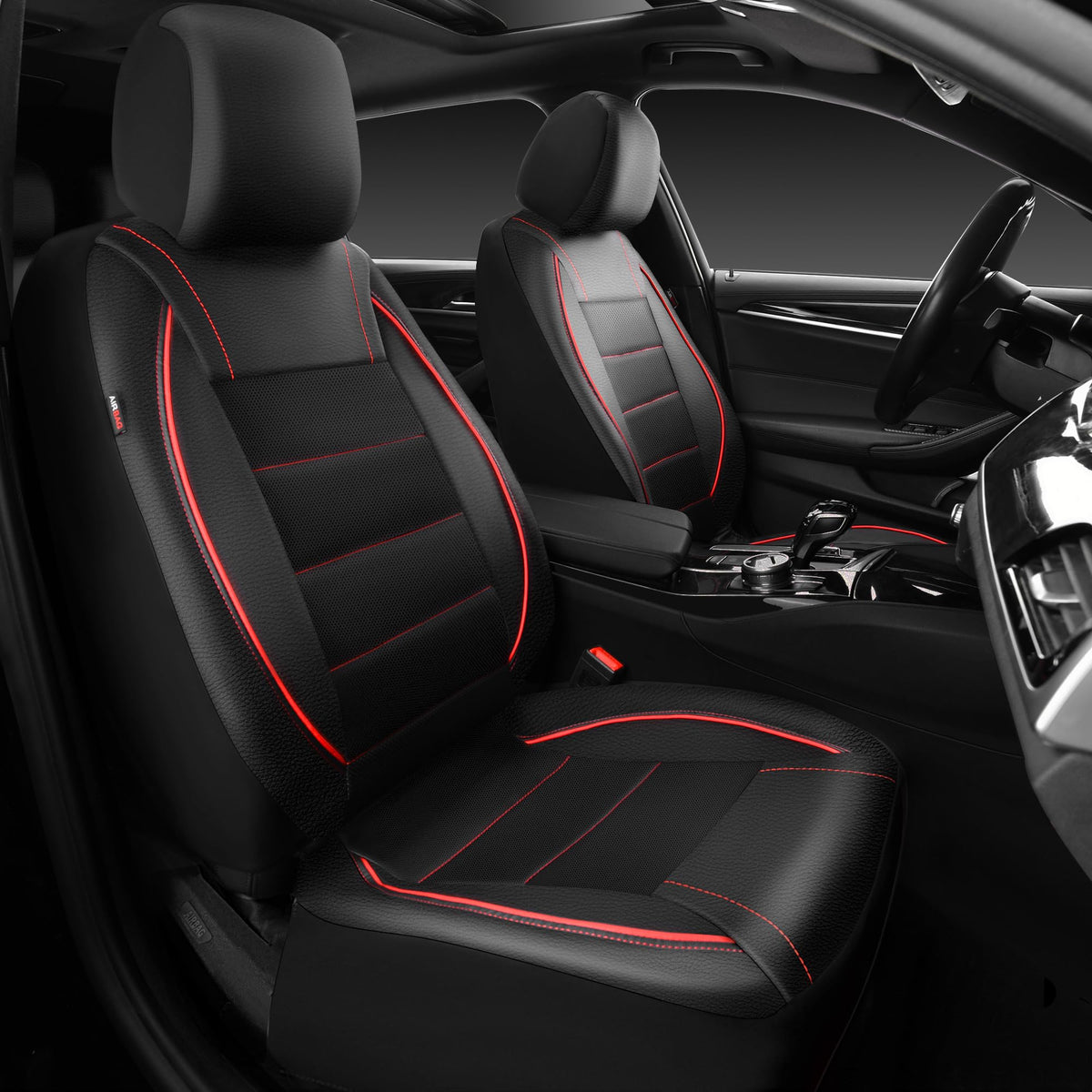 CAR PASS full set of front seat covers showing black red piping and coverage benefit