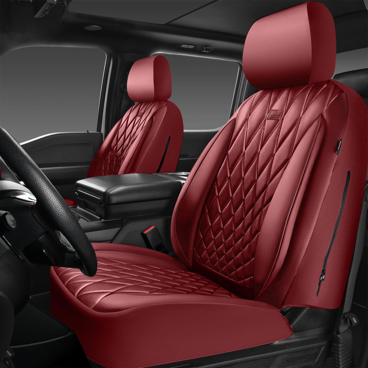 CAR PASS full front seat covers installed showing burgundy finish and protection