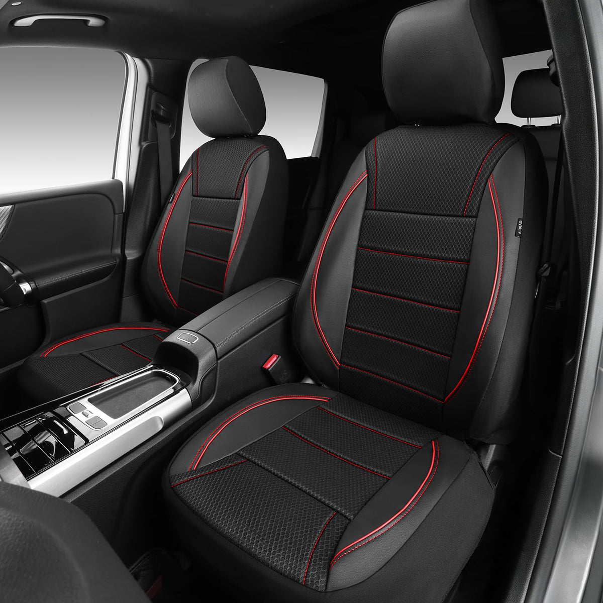 CAR PASS front seat covers packaging showing included two-piece set and instructions for quick setup