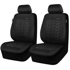 CAR PASS packaging for two front seat covers showing included pieces and branding benefit protection