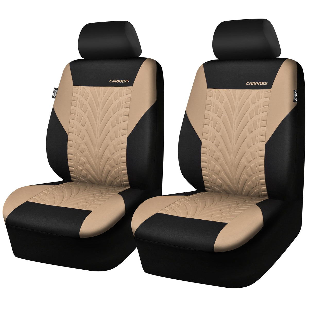 CAR PASS packaging showing two front seat covers and contents, easy setup benefit