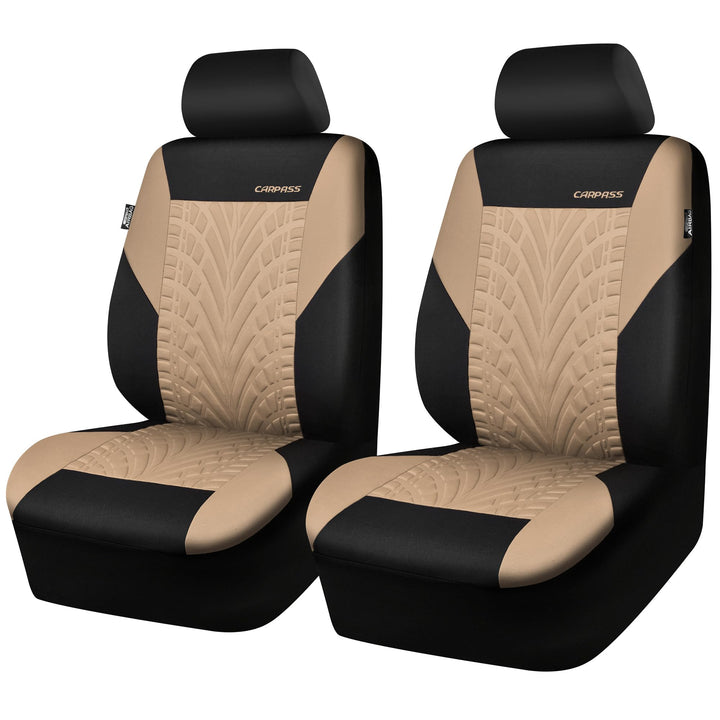 CAR PASS packaging showing two front seat covers and contents, easy setup benefit