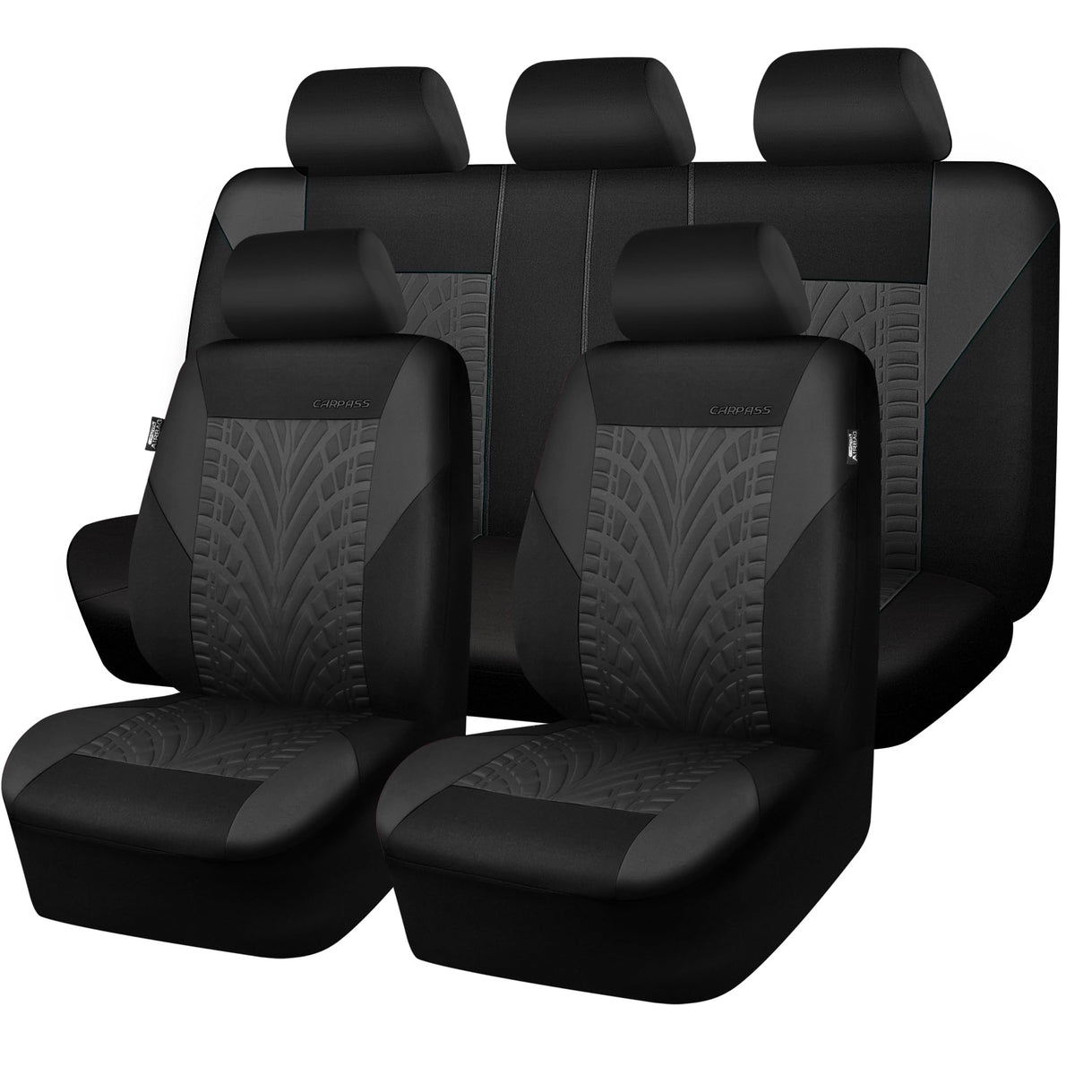 CAR PASS front seat full set showing charcoal fit and protection benefit