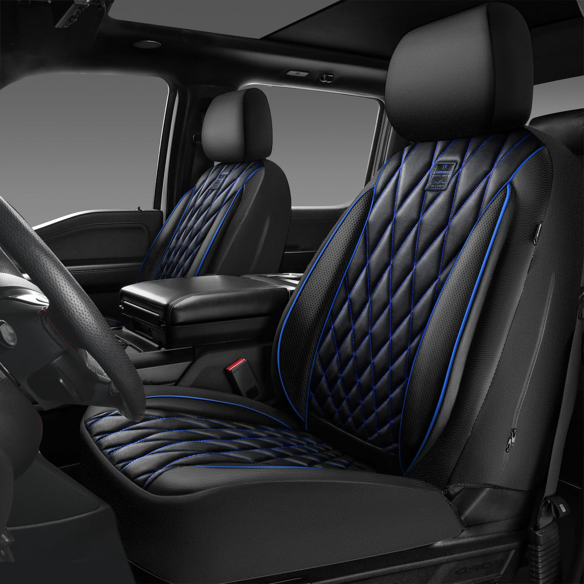 CAR PASS front seat full view showing clean fit and stylish piping benefit