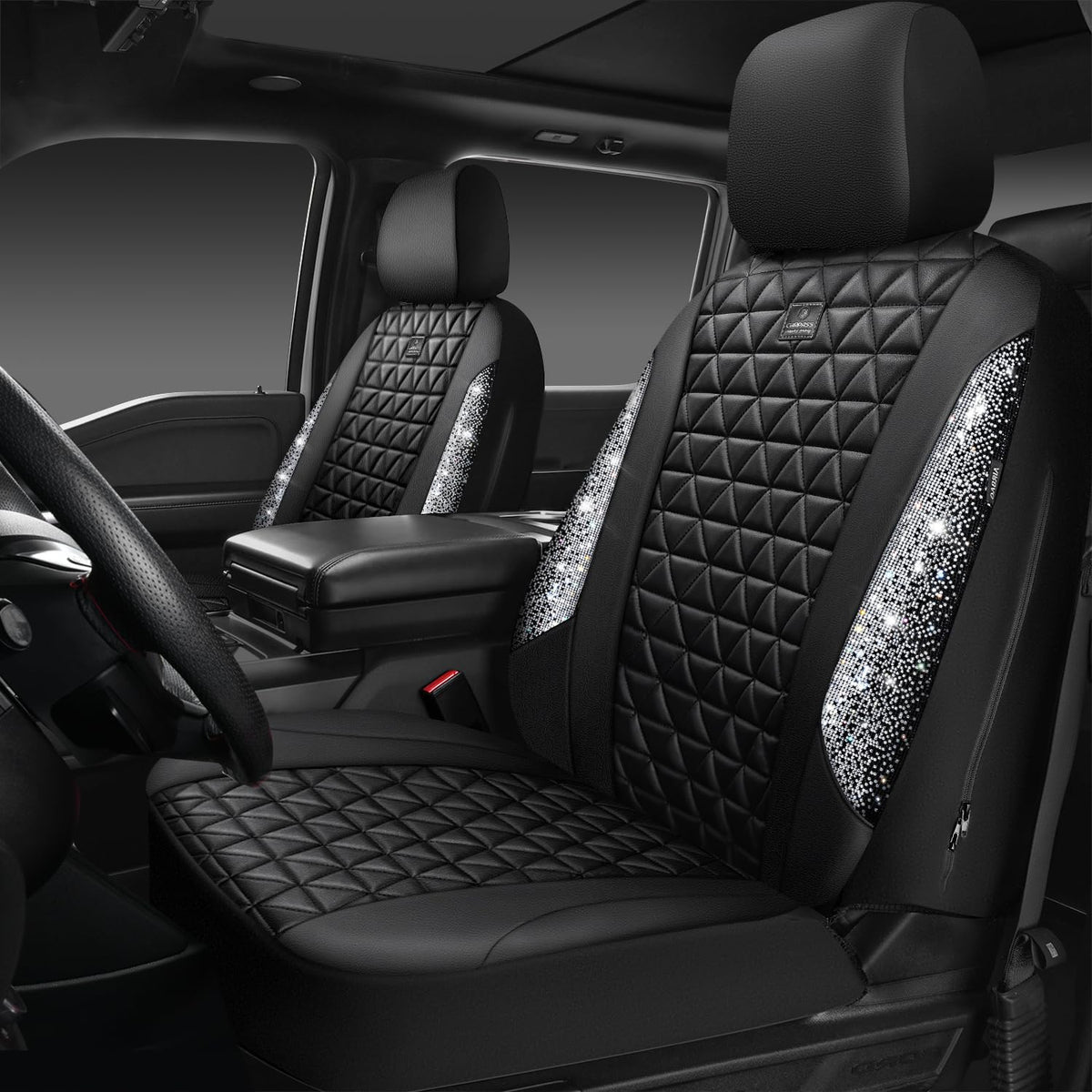 CAR PASS front seat covers packaged, showing included pieces and benefits