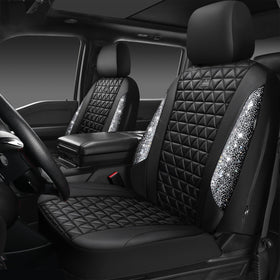 CAR PASS front seat covers packaged, showing included pieces and benefits
