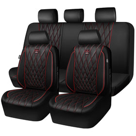 CAR PASS front view of full seat set showing sleek black and red finish and protection